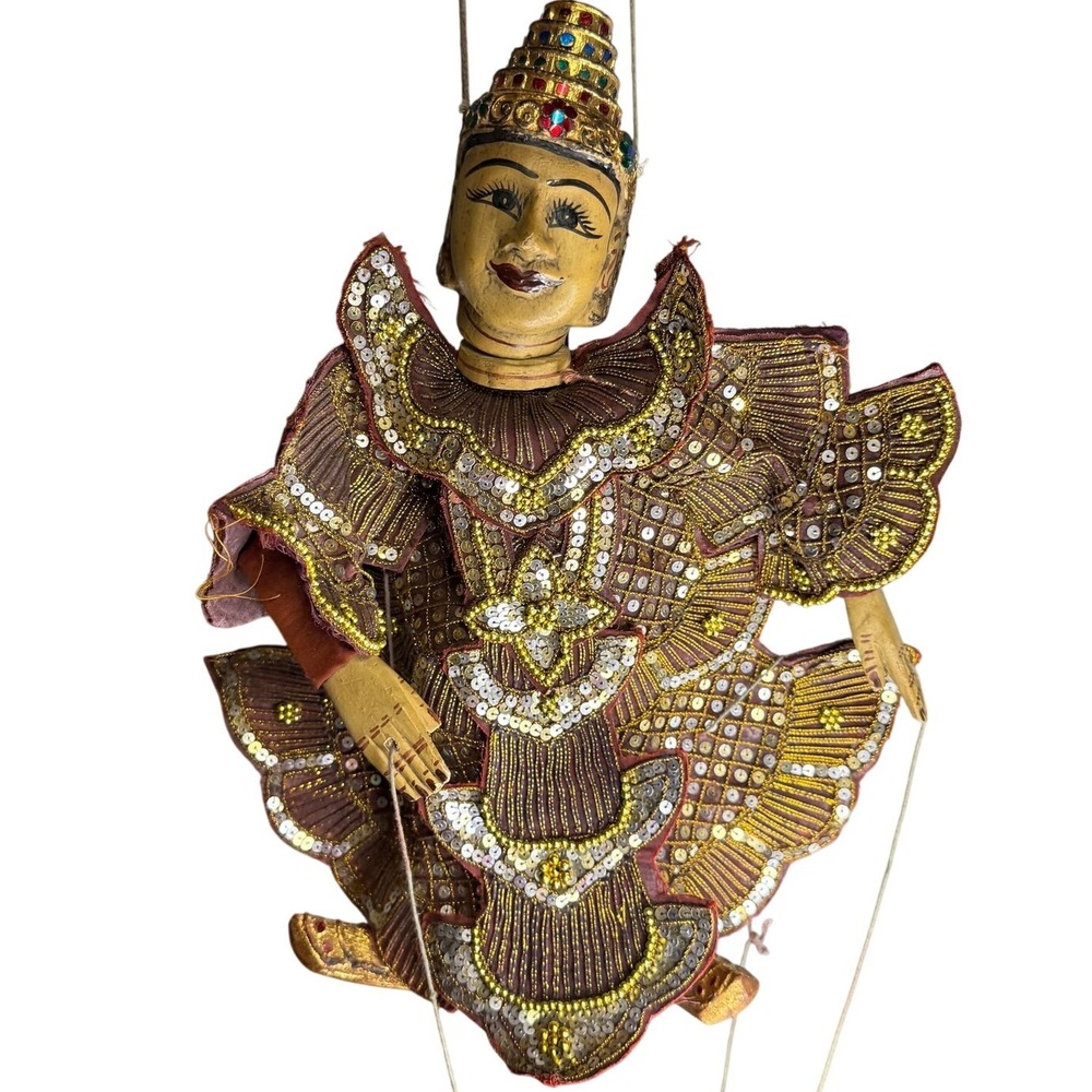 Vintage Handmade Burmese‎ Puppet with Gold & Silver Sequin Embroidery marionette